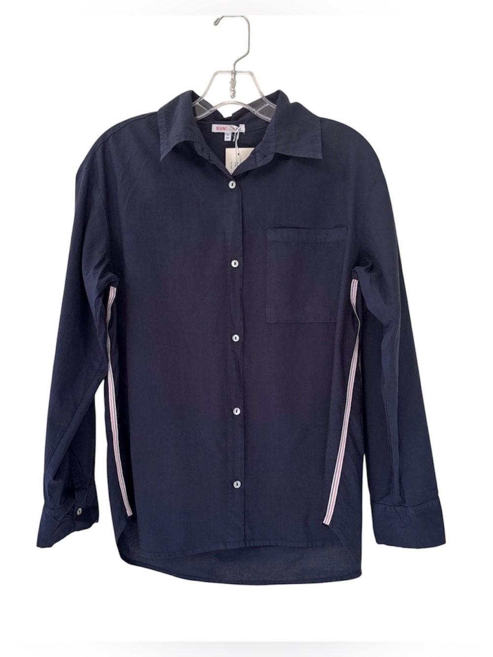 Evereve Sundry Navy Side Stripe Trim Button Down Shirt Top With Chest Pocket XS
